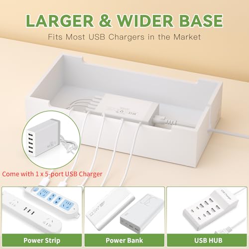 Pezin & Hulin Bamboo Charging Dock Station for Electronic Devices, Docking Organizer for Phone and Tablets, Smart Watch, Earbuds, Power Strip Box (Included 5-Port USB Charger and 6 Cables) -White - color: White