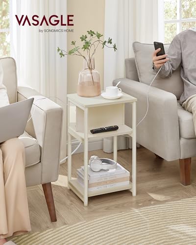 VASAGLE Side Table with Charging Station, 3-Tier End Table with USB Ports and Outlets, Nightstand for Living Room, Bedroom, 11.8 x 13.4 x 22.8 Inches, Plug-in Series, Cream White - color: Cream White