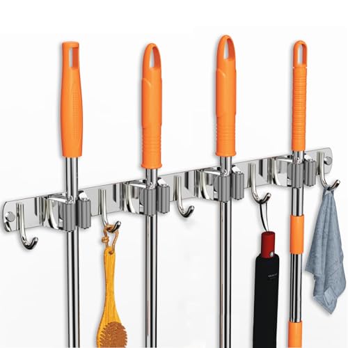 CUXIXA Mop and Broom Holder Wall Mount, Upgraded Broom Organizer Wall Mount, Stainless Steel Broom Hanger Wall Mount for Home Kitchen Garden Laundry Garage (4 Racks with 5 Hooks Silver) - color: Silver, size: 4 Racks with 5 Hooks
