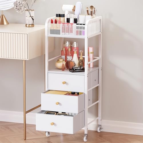 HapiRm Rolling Makeup Cart Organizer - Floor Skincare Make Up Storage with 3 Non-woven Fabric Drawers, Vanity Organizer Cosmetic Display Cases Holder for Skin Care Perfume Nail Polish Brush Hair Tool - color: White