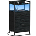 Furnulem Night Stand with Charging Station, Black Nightstand with Drawers and Led Light, Tall Dresser for Bedroom, Bedside Table with Fabric Storage Bins, Metal Frame, Wood Furniture - color: Black Oak, style: 4 Drawer