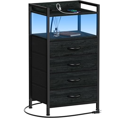 Furnulem Night Stand with Charging Station, Black Nightstand with Drawers and Led Light, Tall Dresser for Bedroom, Bedside Table with Fabric Storage Bins, Metal Frame, Wood Furniture - color: Black Oak, style: 4 Drawer
