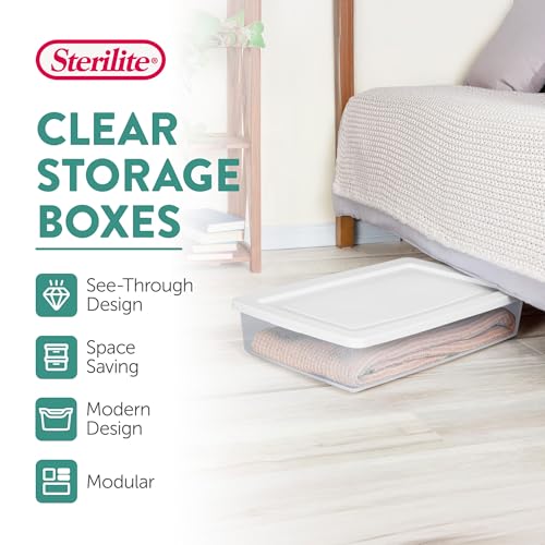 Sterilite 6 Pack Storage Box, 41 Quart Stackable Tote, Clear Plastic Container with Secure Snapping Lids for Home and Office Organization, White - size: 41 Quart, style: 6
