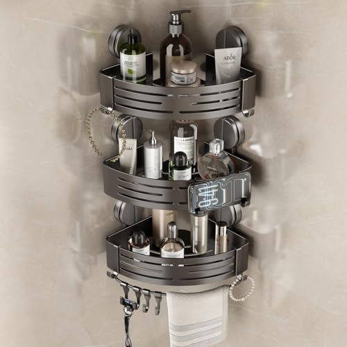 VOLPONE Corner Shower Caddy Suction Cup Shower Shelf Corner No Drilling Bathroom Shower Organizer Storage Rack Adhesive triangle with towel bar hooks 3 tier gray - style: Suction cup triangle with towel bar hooks 3 tier gray