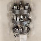 VOLPONE Corner Shower Caddy Suction Cup Shower Shelf Corner No Drilling Bathroom Shower Organizer Storage Rack Adhesive triangle with towel bar hooks 3 tier gray - style: Suction cup triangle with towel bar hooks 3 tier gray