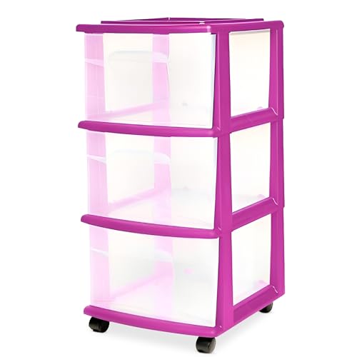HOMZ Drawer Tower, 3-Tier Clear Plastic Storage Organizer Cart, Purple Frame - Rolling Drawer Containers with Wheels for Bathroom, Bedroom, Office, and Classroom Organization - color: Purple, size: 1 Pack