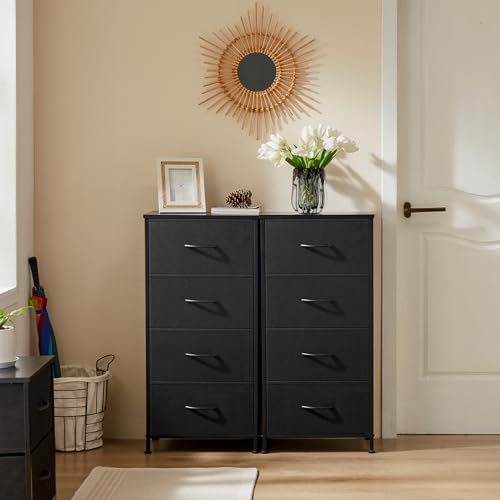 DUMOS Nightstand with 4 Drawers Bedside Table with Removable Fabric Bins Sturdy Steel Frame Wood Top Organizer Furniture for Bedroom Closet Living Room - color: Black, size: 11.8"D x 17.7"W x 37.4"H (4 Drawers)