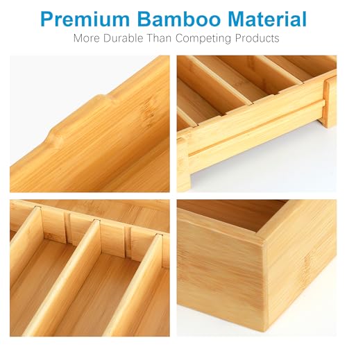 Bamboo Expandable Silverware Organizer - Adjustable Cutlery Tray with 3 Removable Dividers & 5 Tracks, Drawer Organizer for Utensils, Stationery, Tools (12.6" to 20.5")