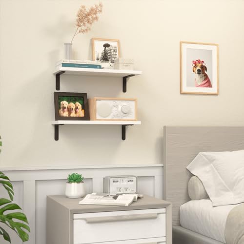 RICHER HOUSE Floating Wall Shelves, Rustic Wood Bathroom Shelves Set of 2, Farmhouse Style Shelf for Décor, Hanging Bedroom, Storage, Kitchen, Living Room - White - color: White, size: 2 Pcs:16.54in