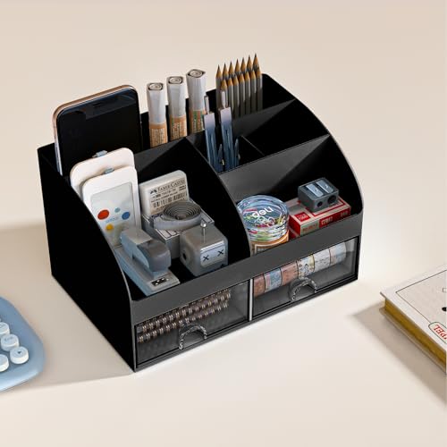 COMFYROOM Desk Organizer with 6 Compartments and 2 Drawers, Plastic Makeup Organizer, Pen Holder for Desktop Storage, Desk Organization for School, Home, Office Supplies (Black) - color: Black