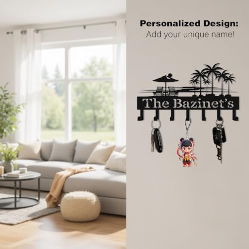 Personalized Metal Key Holder Wall Mount, Black Custom Key Holder for Wall, Wall Key Rack with 6–12 Hooks for Keys, Modern Home Entryway Organizer - color: Palm Tree & Beach