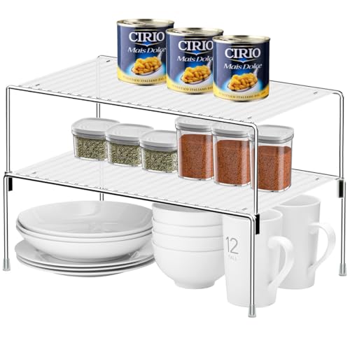 Set of 4 Kitchen Cabinet Organizer Shelves, Stackable Organizer and Storage for Cabinet Cupboard, Expandable Shelf Risers Plate Rack with Anti-Slip Plastic Liner - color: Stackable, size: 2 sets