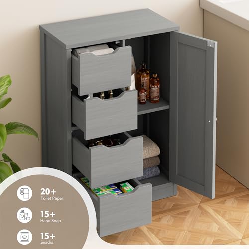 Walsunny Bathroom Floor Storage Cabinet, Wooden Storage Organizer with 4 Drawers and 1 Cupboard, Freestanding Entryway Storage Unit Console Table, Gray - color: Grey, style: 4 drawers