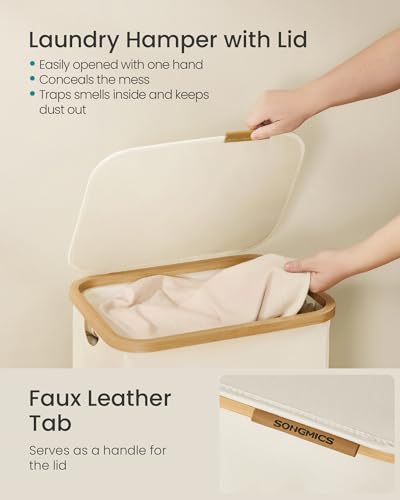 SONGMICS Laundry Hamper, Laundry Basket with Lid, Foldable Storage Basket, Bamboo Frame, for Bedroom, Living Room, Oxford Fabric, 26.4 Gal. (100 L), Cream White ULCB518WD01 - color: Cream White, size: 100 L (1-Section)