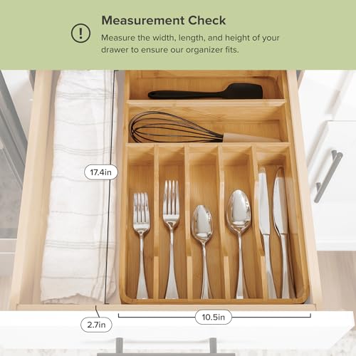 KitchenEdge Silverware Organizer - Cutlery, Flatware, and Utensil Holder for Kitchen Drawers, Fixed 10.5” Width, 7 Storage Compartments, Non-Slip Feet, Rounded Corners, 100% Bamboo - color: Natural Bamboo