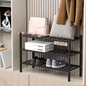 Dranixly Shoe Rack, 3-Tier Bamboo Stackable Shelf Storage Organizer, Stand for Closet, Entryway, Hallway, Bathroom and Living Room（Black） - color: Black, size: 3 Tier