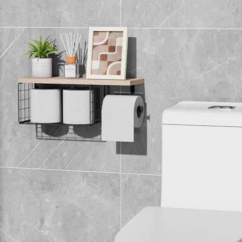 VITVITI Toilet Paper Holder with Shelf, Wall Mounted Toilet Paper Storage Basket, Wood Metal Toilet Roll and Wipes Holder for Bathroom Farmhouse (Natural) - color: Natural