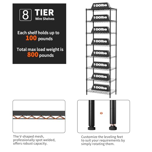 SINGAYE 8 Tier Shelf Organizer Storage Metal Shelves Garage Wire Shelving Unit Pantry Rack Adjustable Standing Storage for Kitchen Closet Laundry Bathroom Pantry 12" D x 22" W x 74" H Black - color: Black, size: 8Tier/12"D X 22"W X 74"H