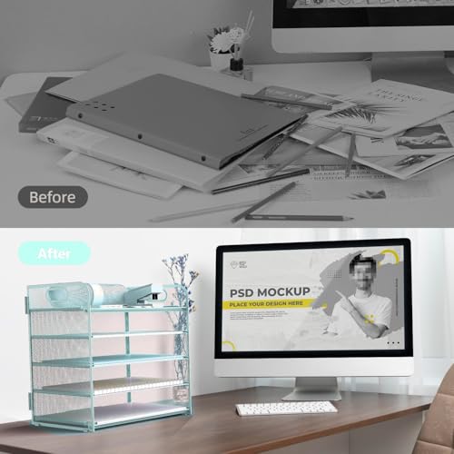 Letter Tray Paper Organizer 5-Tier Desk Organizer File Organizer Paper Holder with Handle, Metal Desktop Document Shelf Tray Office Classroom Organization - Blue - color: Blue