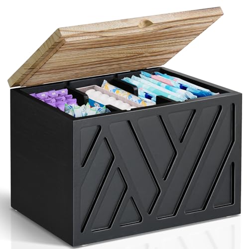 Tampon Holder for Bathroom Decor, Feminine Product Organizer With Lid, Shark Week Storage, Wood Pad Box for Toilet, Bathroom Accessories for Girl Stuff - color: 1-Pcs-Black