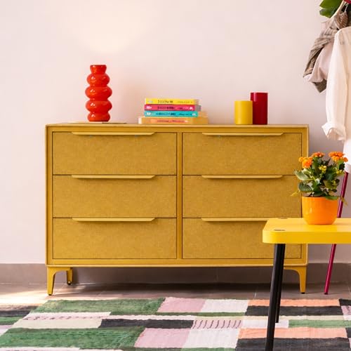tinge Naima Premium Fabric Dresser - Strong Metal Frame, 6 Spacious Sag-Proof Drawers with Sleek Metal Handles - Premium & Durable Storage Solution for Your Home (Yellow) - color: Yellow, size: 14"D x 39.5"W x 28"H (6 Drawers)