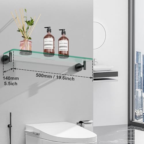 Glass Shelves for Bathroom,20-Inch Matte Black Floating Bathroom Shelf Stainless Steel Tempered Glass Shelf Modern Shelves Wall Mounted - color: Matte Black, size: 20"without railing