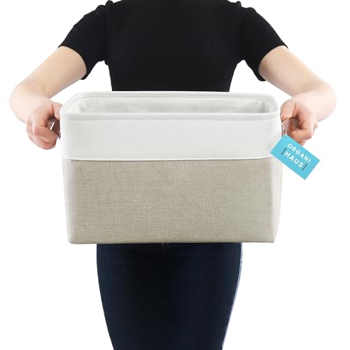 OrganiHaus Large Fabric Storage Baskets for Shelves 3 Pack, 15x11in Closet Storage Bins, Canvas Storage Bin for Organizing, Cloth Baskets, Linen Closet Organizers, Beige/Off-White - color: Beige / Off-White, size: Large - 3pc
