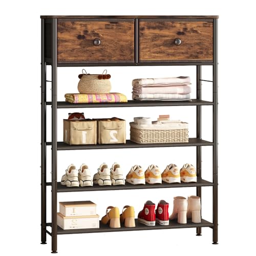 INGIORDAR Shoe Rack Organizer 5 Tier Metal Organizer Shelf with Industrial MDF Board and Layer Fabric for Entryway Closet Bedroom Living Room Garage (Black+Rustic Brown, 5 Tier with 2 Drawers) - color: Black+rustic Brown, size: 5 Tier with 2 Drawers
