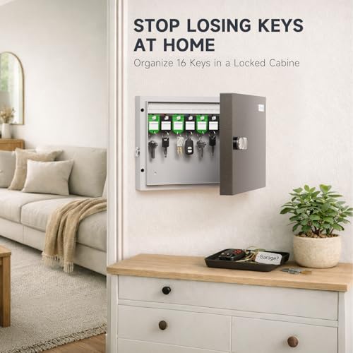 WeHere 16 Key Lock Box – Wall Mounted Key Cabinet with Dual Lock (Key & 3-Digit Combination), Home & Small Office Key Organizer for Entryway & Garage，Includes Key Tags - size: 16 Key Box (Basic)