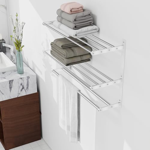 Towel Racks for Bathroom Wall 24 Inch, 3 Tier Bathroom Towel Shelf with Double Towel Bar, Stainless Steel Towel Rack with Towel Shelf, Towel Hanger Holder for Bathroom Towel Storage, Brushed Nickel - color: Brushed-nickel, size: 24IN (2 Bar)