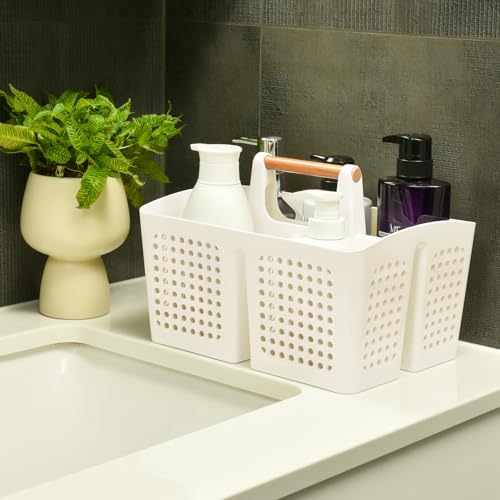 Portable Shower Caddy Basket with Compartments, Plastic Divided Cleaning Caddy Organizer Storage Tote with Handle for Bathroom, College, Dorm Room Essentials, White - color: White