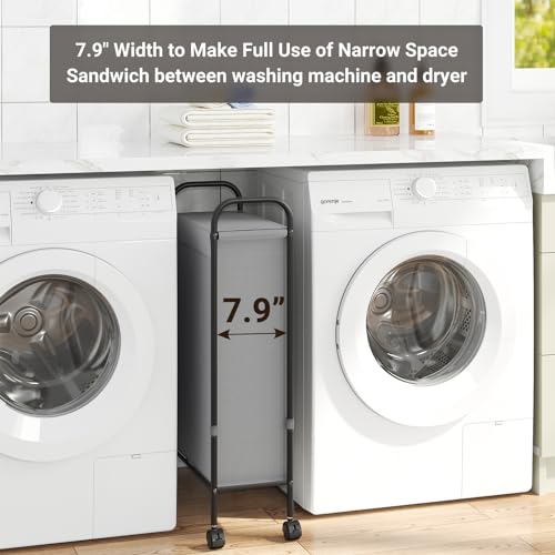 ELYKEN Slim Laundry Hamper with Lid, 50L Small Rolling Laundry Basket on Wheels, 7.9” Narrow Dirty Cloth Cart with Removable Inner Bag for Small Bathroom, Bedroom, Grey - style: Grey-50L