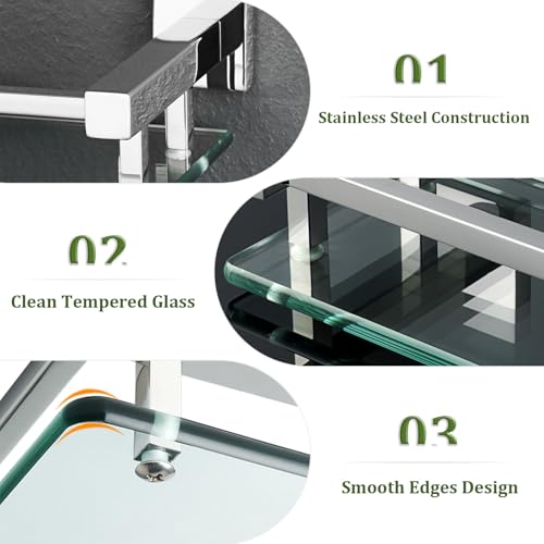 Alise Bathroom Glass Shelf with Stainless Steel Railing, Polished Chrome Small Tempered Glass Floating Wall Shelf Over The Toilet, 16 inch - color: Polished Chrome, size: 16 Inch