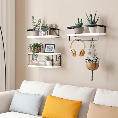 Fixwal Wall Mounted Bathroom Shelves Over Toilet, Rustic Wood Floating Shelves with Metal Frame and Towel Bar for Bathroom, Kitchen, Bedroom, Living Room (White) - color: 4-white