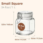 ComSaf 3-Pack Square Glass Coffee Canisters for 1lb Bean Bags, 34oz Airtight Jars with Clamp Lids for Tea, Sugar & Flour, Space-Saving Pantry Organization for Small Apartments & Coffee Station - size: 34oz*3
