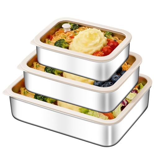 GIUOIDUO 3-Piece Extra Thick 304 Stainless Steel Food Storage Containers with Non-Stick Bottom, Airtight Glass Lids & Silicone Seal, Stackable Kitchen Organization Boxes for Food Preservation - color: 3-piece set (glass see through sealing cover)