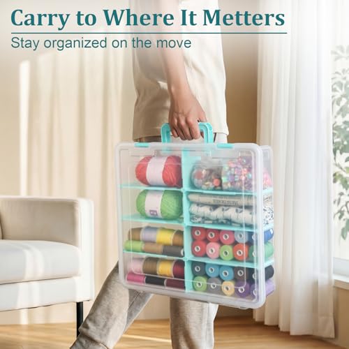 BTSKY Clear Plastic Dividing Storage Box with 8 Compartments Adjustable Storage Bin with Lid Portable Craft Storage Container Multipurpose Sewing Box Art Supply Organizer, 15.1x13.9x3.5 Inches - size: 15.1x13.9x3.5 Inches-Clear