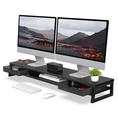 Fenge Dual Monitor Stand, Monitor Riser with Drawer, 42.5 Inch Large Computer Monitor Stand for 2 Monitors, 2 Tier Wooden Desk Shelf for Top of Desk - color: Black