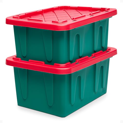 HOMZ 2-Pack Durabilt, Heavy Duty Plastic Storage Bins with Lids, 15 Gallon, Green/Red - Stackable Container Boxes for Holiday, Attic, and Garage Organization - color: Green Base/Red Lid, size: 15 Gallon (Pack of 2)