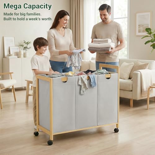 Homykic 250L Laundry Sorter Cart with Wheels, 3-Section Rolling Laundry Basket with Removable Bags, 66 Gal Large Laundry Hamper Organizer, Heavy Duty Bamboo Frame, Water-Resistant, Grey - color: Grey