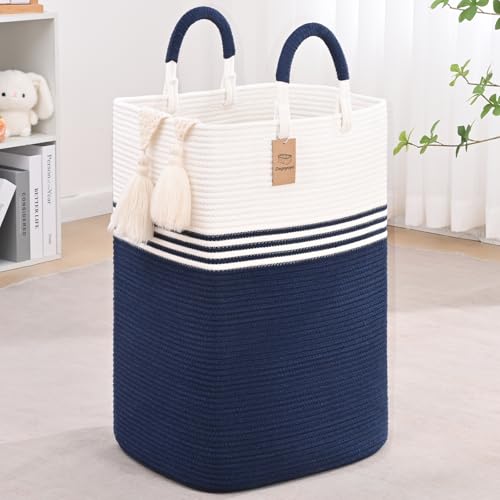Laundry Basket Hamper,Blanket Storage,Dirty Clothes Hamper with Swivel Handles,Woven Cotton Rope Toy Baskets,Blanket Basket Living Room,Decorative Hampers for Nursery,Bedroom,White & Blue,60L - color: White & Blue, size: 60L