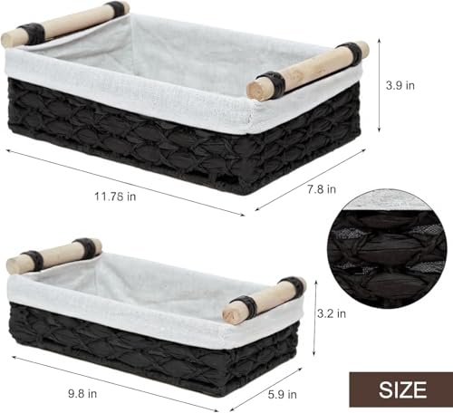 Set of 2 Black Bathroom Basket Organizers with Liner, Paper Rope Wicker Storage Baskets for Shelves, Bathroom Counter & Vanity, Wooden Handles for Towels & Toiletries - color: Black