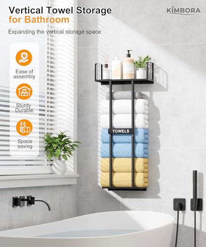 KIMBORA Towel Racks for Bathroom with Top Towel Shelf Hold 8 Large Rolled Towels, 36" Wall Mounted Bathroom Towel Storage Organizer for Small Bathroom, Camper, Rv (Black)