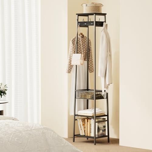 Coat Rack Freestanding, Coat Stand with Metal Basket and Storage Shelves, Hall Tree Free Standing With and 7 Hooks, Clothes Rack Stand Organizer, Black - color: Black, style: 2 Shelves + 1 Basket