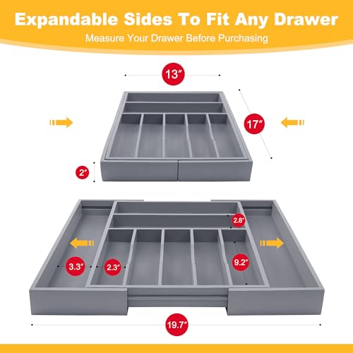 Large Premium Bamboo Silverware Organizer - Expandable Drawer Organizer & Utensil Organizer - 17"x19.7" Cutlery Tray with Dividers for Kitchen Utensils and Flatware (7-9 Slots) (Grey) - color: Grey, size: 9 Slots Expandable