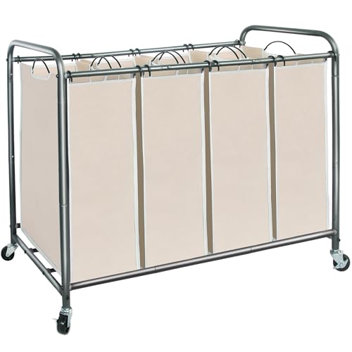 STORAGE MANIAC Laundry Sorter 4 Section, 47.8 Gal (181 L) Laundry Hamper with Wheels, Clothes Divider Basket Sorter, Clothes Separator Hamper Cart with Wheels and Removable Bags, Beige - color: Beige, size: 4 Section