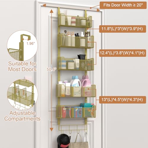 VyGrow Over The Door Organizer, Metal Door Organizer Hanging with 5 Adjustable Baskets and Coat Hook, Behind The Door Storage for Bedroom Closet Bathroom Pantry Cabinet Kitchen, Gold - color: Gold, size: 5-Tier