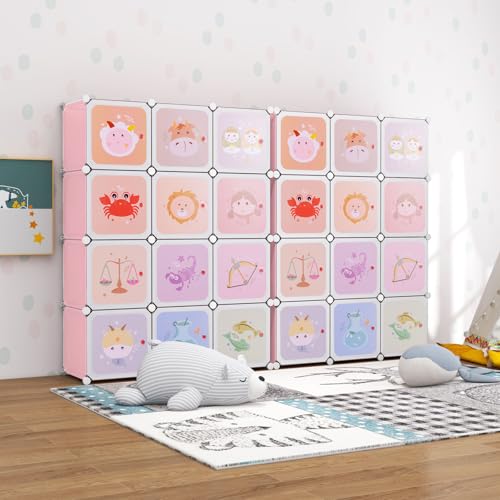 HONEY JOY Kids Wardrobe Closet, Baby Cartoon Clothes Storage Organizer, 12 Cubes & 2 Hanging Sections, Portable Children DIY Modular Bedroom Armoire Dresser Cabinet for Boys Girls (Light Pink) - color: Light Pink, size: 12-Cube