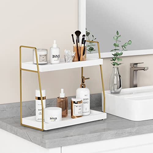 Forbena Bathroom Organizer Countertop, Counter Organizer for Bathroom Decor, Wooden Sink Shelf for Vanity Storage, Makeup Tray for Perfume Skincare Bedroom Kitchen Corner (2 Tier, White and Gold) - color: White-gold
