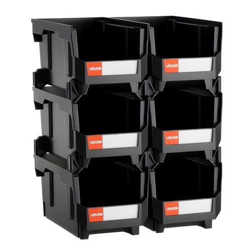 VEVOR Plastic Stackable Storage Bins, 14.8 x 8.5 x 7.1 inch (6 Pack), Plastic Containers for Organizing and Storage Bins for Closet, Garage, Small Parts, Office Supplies and Other Accessories, Black - color: Black, size: 14L